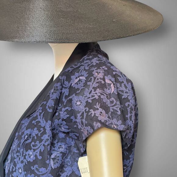 Vintage 1950s Dark Blue Lace Party Dress Ribbon Strap w Bolero Prom Gown 2pc - Picture 10 of 16